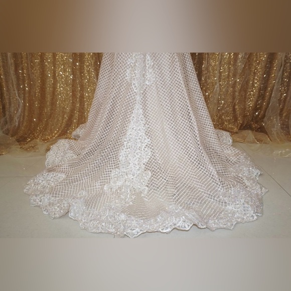 Blush Pink Lace Evening Gown | Long Sleeve Formal Wedding / Prom Dress | Size 8 - Picture 6 of 8